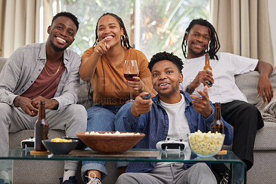Buy stock photo Television, relax and friends on a sofa with beer and popcorn for movie, film or streaming in their home. Group of people, watching tv and smile in living room together with entertainment on weekend