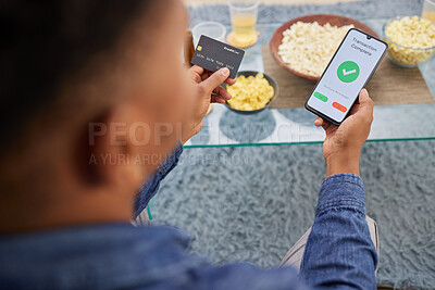Buy stock photo Credit card, man and phone screen for online shopping, sale and home streaming subscription payment, transaction or membership. Ecommerce, banking and male with smartphone app for eft or savings