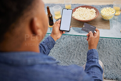 Buy stock photo Credit card, mockup and man with phone screen for online shopping, sale and home streaming subscription payment, transaction or membership. Ecommerce, banking and male with smartphone app for savings