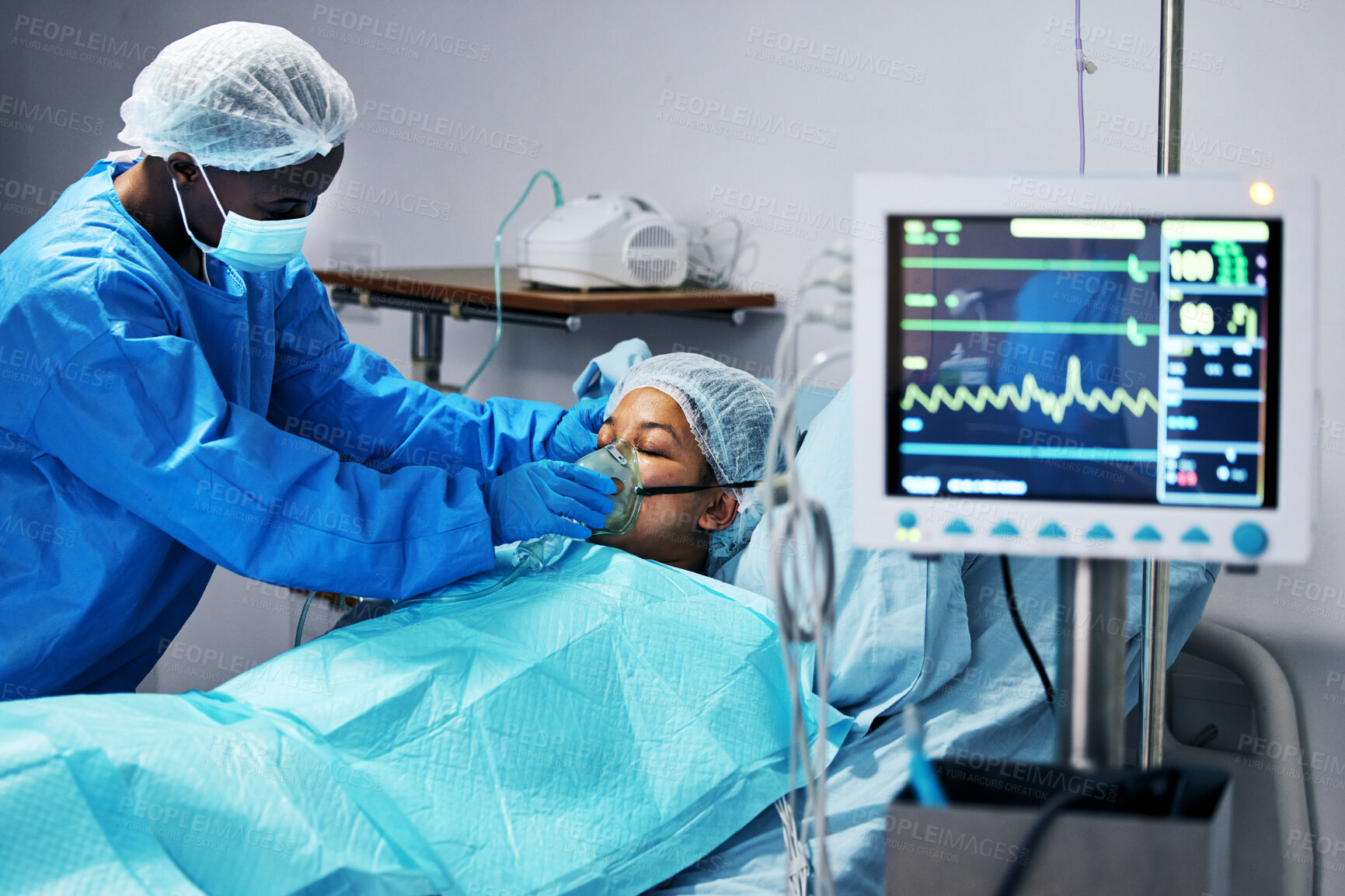 Buy stock photo Healthcare, doctor and patient in mask for oxygen in surgery, emergency care and hospital bed. Breathing, monitor and air, surgeon helping person in operation, digital graphs to check medical results