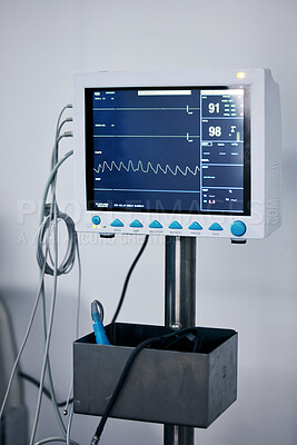 Buy stock photo Medical monitor, heart machine and healthcare, cardiology and equipment with stats and vitals in hospital. Medicine, health information and wellness, digital and screen with EKG and ECG in clinic