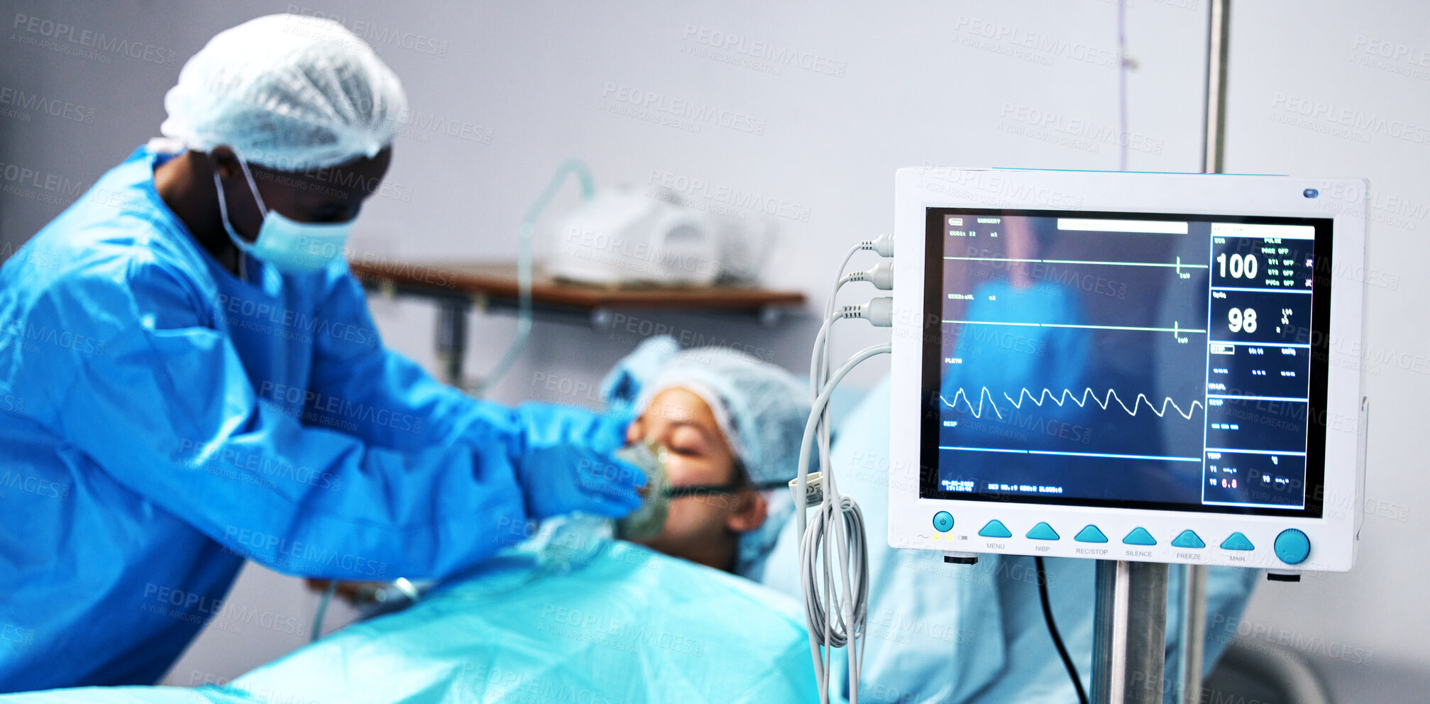 Buy stock photo Healthcare, doctor and patient in oxygen mask with monitor for surgery, emergency care and hospital. Breathing, screen and surgeon helping person in operation, digital graphs to check medical results