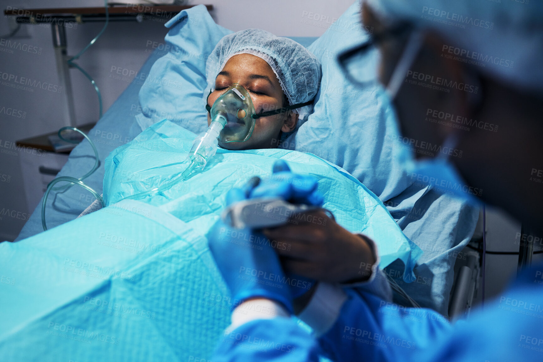 Buy stock photo Hope, doctor and patient holding hands after surgery, emergency care and empathy, woman in hospital. Breathing, support and trust, surgeon with helping hand in operation, kindness and medical results