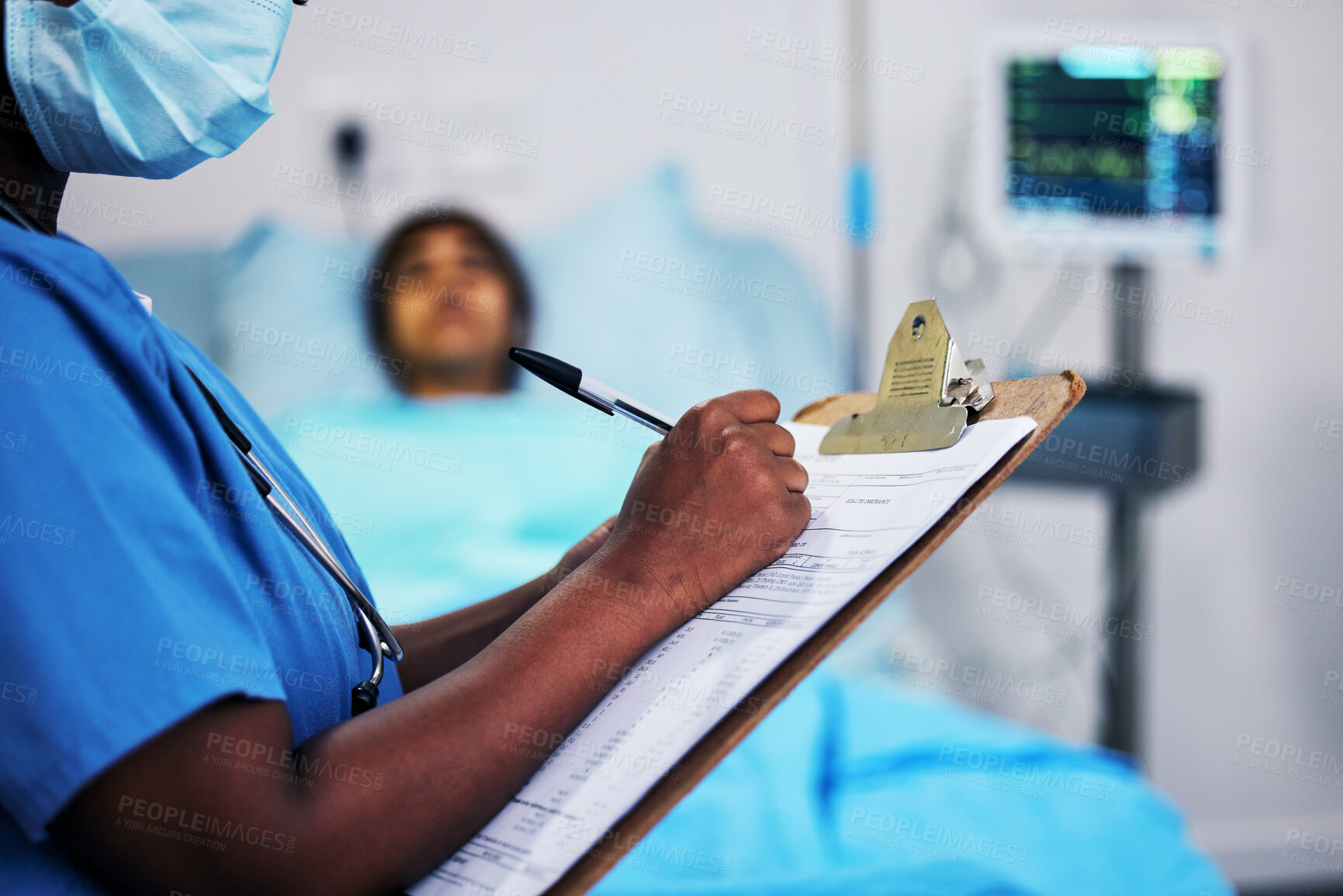 Buy stock photo Hands, healthcare and a nurse writing on documents in a hospital during a patient checkup or report. Medical, insurance and information with a black woman medicine professional in a clinic closeup