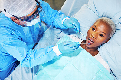 Buy stock photo Dentist, woman and tools in mouth at clinic for cavity, teeth whitening and helping hand for pain. Dental surgeon, patient and top view for tooth extraction, wellness or inspection for healthy smile