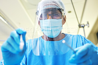 Buy stock photo Dentist, consultation and man in dental healthcare, PPE for safety and medical procedure at clinic. Mask, dentistry and orthodontics surgery, male person check with oral care tools and teeth cleaning