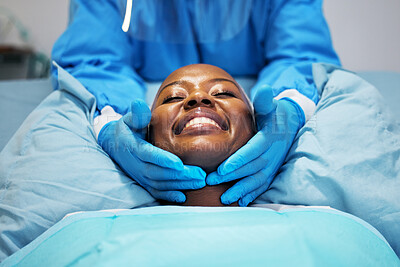 Buy stock photo Smile, beauty and hands of surgeon on black woman face in clinic for plastic surgery, skincare or chemical peel. Medical, facial and female consulting dermatologist on anti aging, collagen or filler