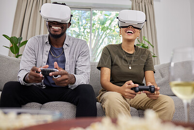 Buy stock photo Virtual reality, happy couple and gaming on sofa in home living room, bonding together or having fun. Vr, couch and African man and woman play 3d game, metaverse or esports with futuristic technology