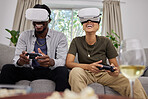 Funny couple, vr and gaming on sofa in home living room, happy and laughing together. Virtual reality, couch and African man and woman play 3d game, metaverse and esports with futuristic technology.