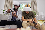 Virtual reality, funny couple and gaming on sofa in home living room, happy and laughing together. Vr, couch and African man and woman play 3d game, metaverse and esports with futuristic technology.