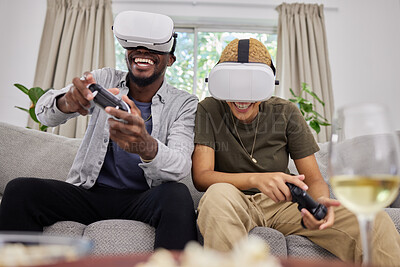 Buy stock photo Virtual reality, funny couple and gaming on sofa in home living room, happy and laughing together. Vr, couch and African man and woman play 3d game, metaverse and esports with futuristic technology.