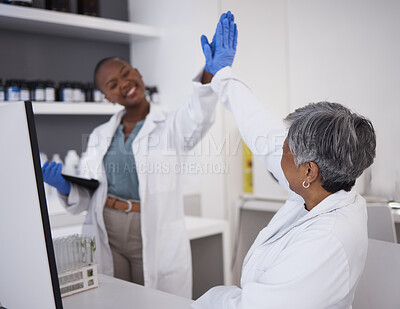 Buy stock photo Women, scientist and high five with success in laboratory, teamwork and scientific breakthrough in medical research. Collaboration, science and biotechnology, female doctors has support and celebrate