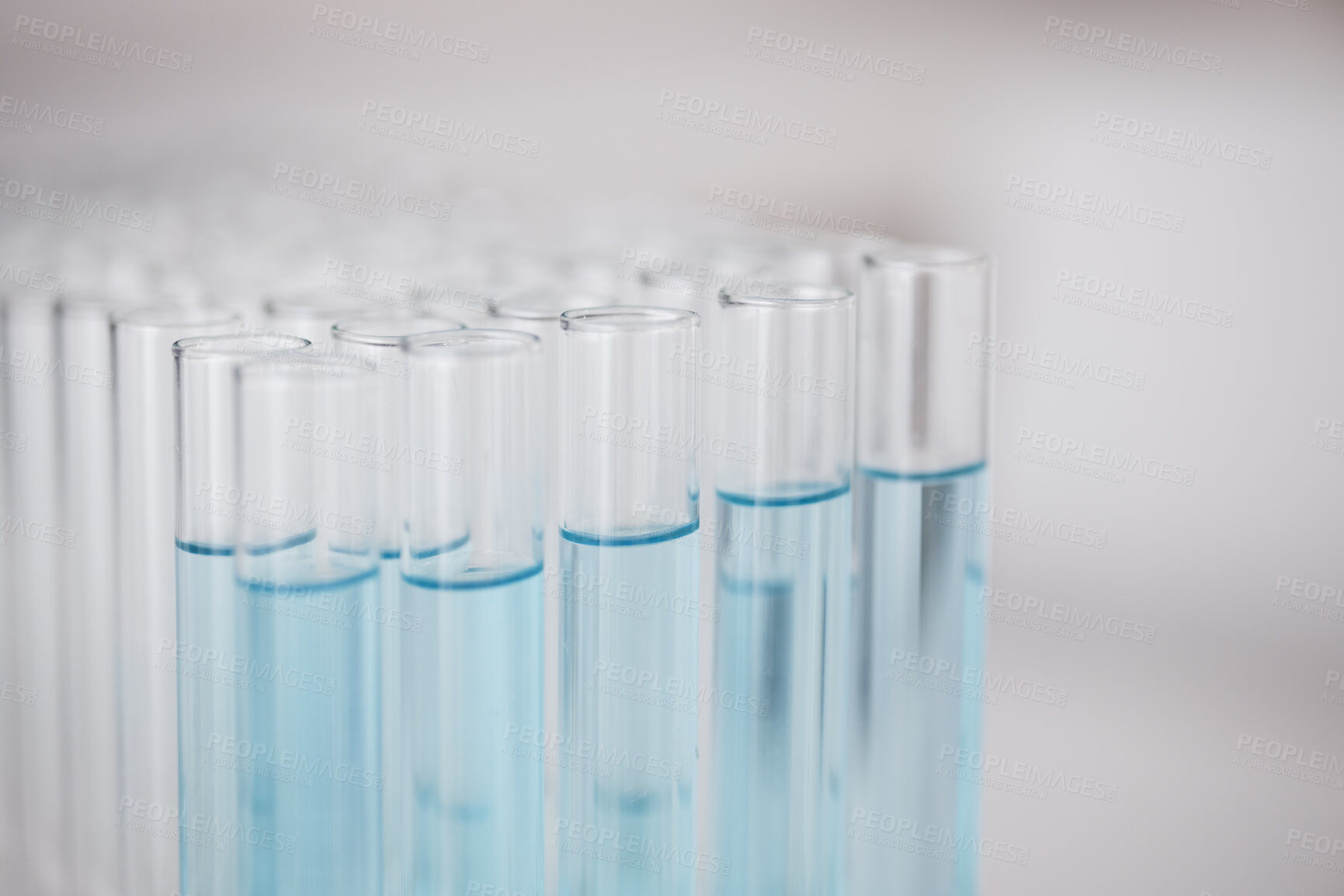 Buy stock photo Test tube, blue chemical and closeup, chemistry and science study in lab, sample and medical research. Pharmaceutical, biotechnology and scientific experiment, glass container with liquid solution