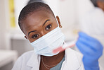 Black woman, face and mask for blood test, science and innovation in vaccine, research or working with virus dna sample. Tube, container and hand of scientist or medical expert with biotechnology