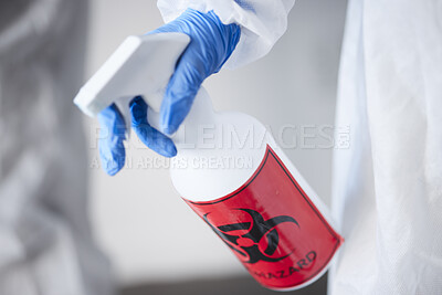 Buy stock photo Hazmat suit, spray bottle and gloves for biohazard, covid and stop virus for safety, protection or test in laboratory. Person, science and cleaning with chemical, liquid and ppe for bacteria in room