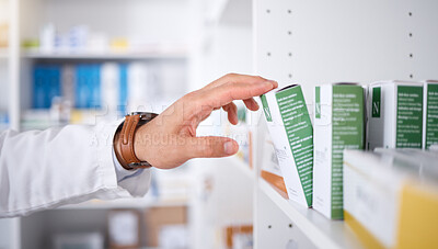 Buy stock photo Pharmacist hand, shelf and boxes with choice, packing stock and inventory inspection in shop. Pharmacy manager, package and product label for healthcare, pills and health with drugs in retail store