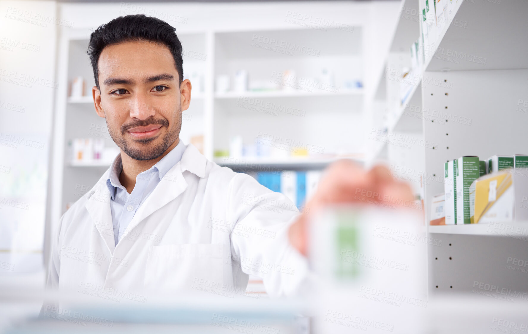 Buy stock photo Asian man, pharmacist and medicine for stock check at pharmacy, drugstore or shelf. Medical professional, inventory pills or doctor with pharmaceutical drugs, medication or supplements for healthcare