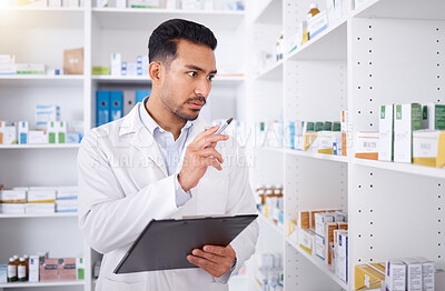 Buy stock photo Pharmacist, medicine and man with checklist for stock in pharmacy store. Pills, inventory and medical doctor with clipboard to count pharmaceutical drugs, supplements and medication for healthcare.