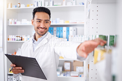 Buy stock photo Pharmacist, medicine and happy man with checklist for stock in pharmacy. Pills, inventory and Asian medical doctor with clipboard for pharmaceutical drugs, supplements and medication for healthcare.