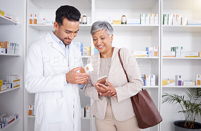 Buy stock photo Pharmacist man, senior woman and advice with box, phone and happy in store for prescription, healthcare and help. Young pharmacy manager, elderly patient and smile for customer experience with pills