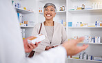 Pharmacy, consulting and smile with woman in store for shopping, medicine and help. Retail, medical and healthcare with senior customer and pharmacist for expert, information and prescription