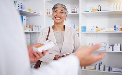 Buy stock photo Pharmacy, consulting and smile with woman in store for shopping, medicine and help. Retail, medical and healthcare with senior customer and pharmacist for expert, information and prescription