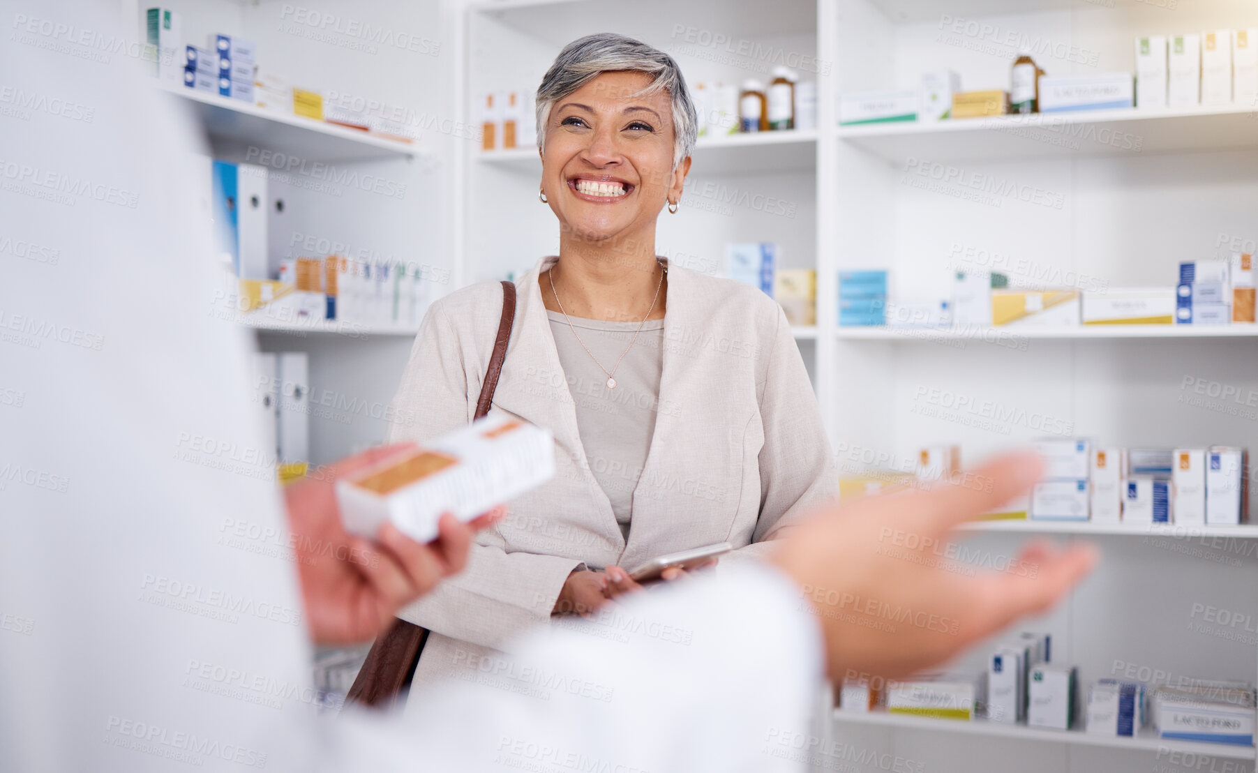 Buy stock photo Pharmacy, consulting and smile with woman in store for shopping, medicine and help. Retail, medical and healthcare with senior customer and pharmacist for expert, information and prescription