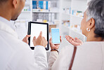 Pharmacist, hands and woman blank phone for question, tablet and discussion with search for production. Man, senior patient and smartphone screen for information, shopping and help in pharmacy mockup