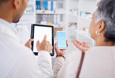 Buy stock photo Pharmacist, hands and woman blank phone for question, tablet or discussion with search for prescription. Man, senior patient and smartphone screen for information, shopping or help in pharmacy mockup
