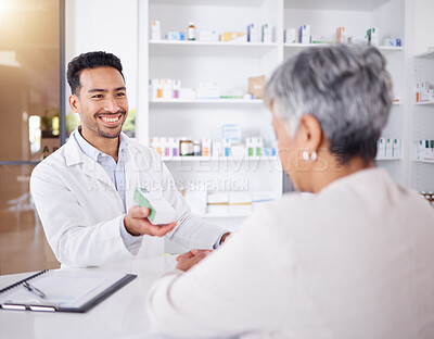Buy stock photo Senior woman, customer service and pharmacist with advice on medicine, drugs or shopping at a pharmacy or pharmaceutical store. Helping, medical expert in retail and conversation about healthcare