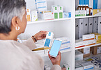 Woman, hands and phone mockup at pharmacy for medication, research or information on product in store. Female person looking at medicine with smartphone display for pharmaceutical search at clinic