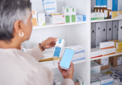 Buy stock photo Woman, hands and phone mockup at pharmacy for medication, research or information on product in store. Female person looking at medicine with smartphone display for pharmaceutical search at clinic