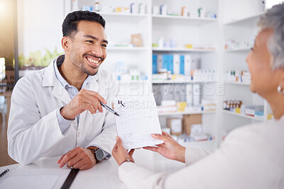 Buy stock photo Pharmacist, advice and senior woman with prescription medicine, drugs or shopping at a pharmacy or pharmaceutical store. Helping, medical expert with information and conversation about healthcare