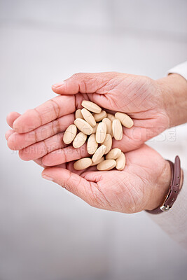 Buy stock photo Hands, pharmaceutical pills or medicine for health care or drugs for recovery, wellness or prescription supplement of vitamins. Hand, medication and support immune system with medical product