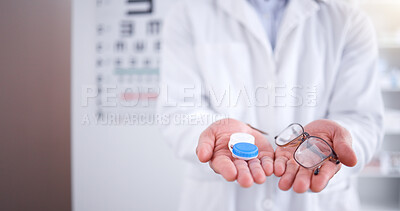 Buy stock photo Optometrist, holding and contact lenses with glasses with doctor for vision with healthcare. Frame, person and eyesight correction with plastic container for health or laser surgery with optician.