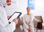 Tablet, doctor and senior woman in waiting room, office or sitting on a chair or medical information, insurance or telehealth. Elderly female, nurse or pharmacist with technology for online results