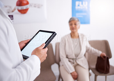 Buy stock photo Tablet, doctor and senior woman in waiting room, office or sitting on a chair or medical information, insurance or telehealth. Elderly female, nurse or pharmacist with technology for online results