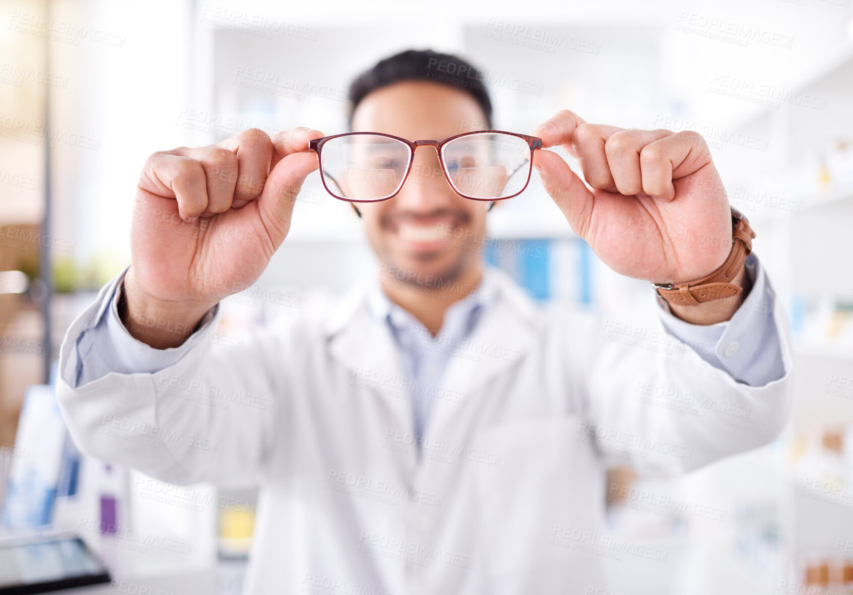 Buy stock photo Hands, man and optometrist with glasses for vision, eyesight and prescription lens. Frame, ophthalmology and doctor with spectacles, eyewear for wellness and optician in store for medical healthcare