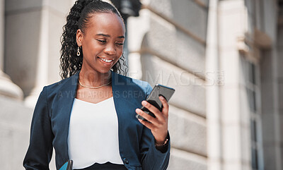 Buy stock photo Black woman, reading and professional with cellphone in city  with travel for attorney with communication. Happy, scroll and tech with business person is working on online app for success in outdoor.