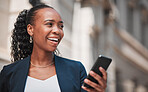 Business, black woman and cellphone is positive in city for travel as lawyer for success. Pride, smile and professional person with tech for work or online app with internet for communication.