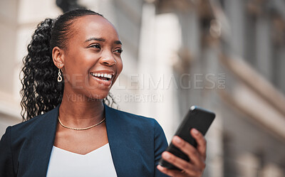Buy stock photo Business, black woman and cellphone is thinking in city for travel as lawyer for success. Pride, smile and professional person with tech for idea or online app with internet for communication.