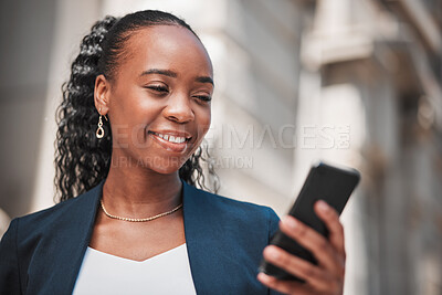 Buy stock photo Smartphone, black woman typing with social media media and chat online, communication and technology. Internet connection, text message or email with closeup, female person and mobile app outdoor
