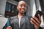 Lawyer, judge at court and phone to contact a client, communication or legal services and advice on mobile app online. Smile, black woman and smartphone for research, information or consulting law