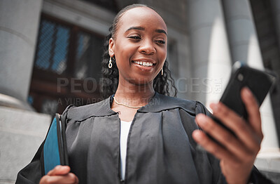 Buy stock photo Lawyer, judge at court and phone to contact a client, communication or legal services and advice on mobile app online. Smile, black woman and smartphone for research, information or consulting law
