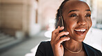 Happy black woman, phone call and city for conversation, communication or networking. Face of African female person smile and talking on smartphone for business discussion or advice in an urban town