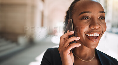Buy stock photo Happy black woman, phone call and city for conversation, communication or networking. Face of African female person smile and talking on smartphone for business discussion or advice in an urban town