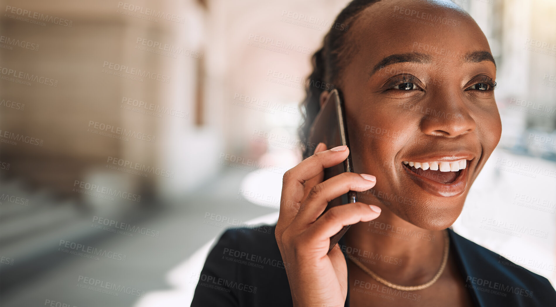 Buy stock photo Happy black woman, phone call and city for conversation, communication or networking. Face of African female person smile and talking on smartphone for business discussion or advice in an urban town