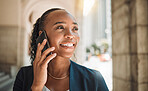 Happy black woman, phone call and city for communication, conversation or networking. Face of African female person smile and talking on smartphone for business discussion or advice in an urban town