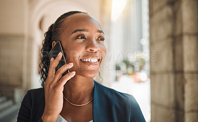 Buy stock photo Happy black woman, phone call and city for communication, conversation or networking. Face of African female person smile and talking on smartphone for business discussion or advice in an urban town