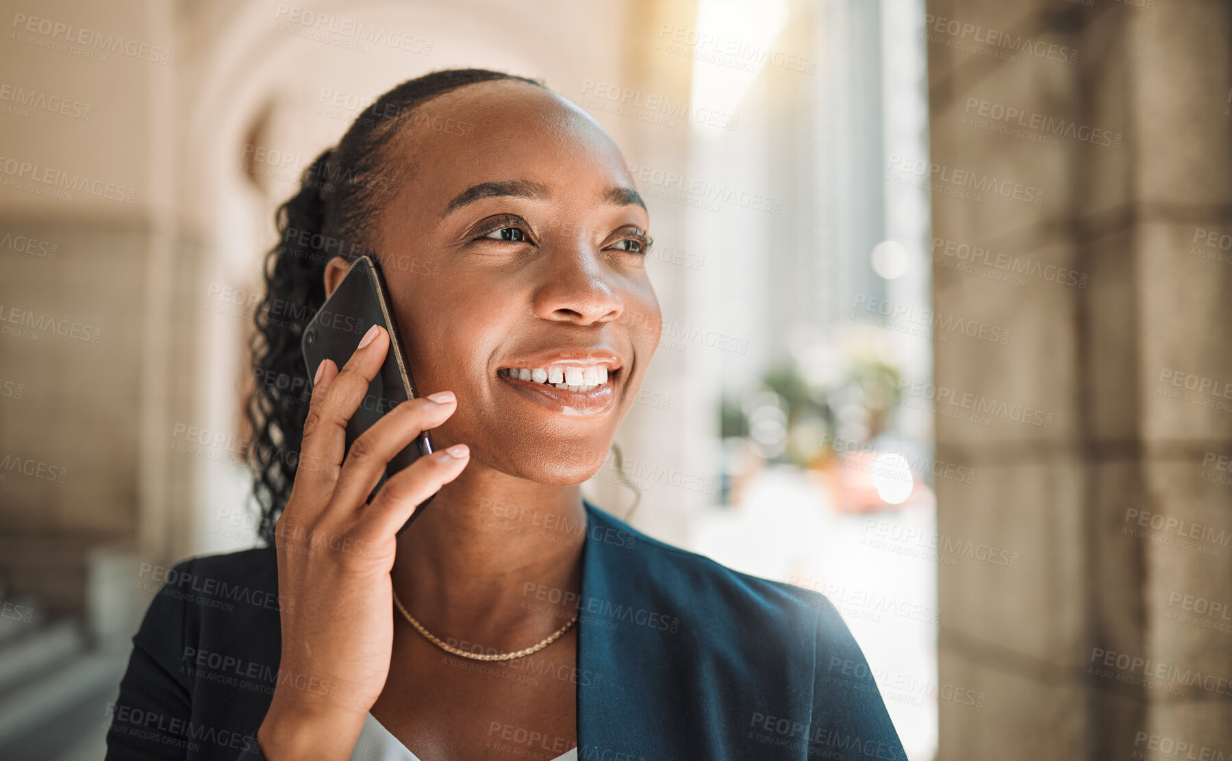 Buy stock photo Happy black woman, phone call and city for communication, conversation or networking. Face of African female person smile and talking on smartphone for business discussion or advice in an urban town
